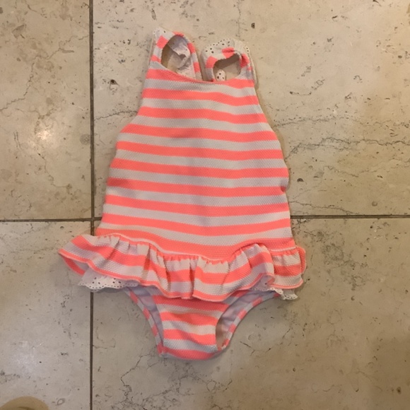 Sunuva Swimming Suit, 18-24 M, Sherbet Pink Striped Textured, Bow, Eyelet Ruffle - Picture 4 of 5